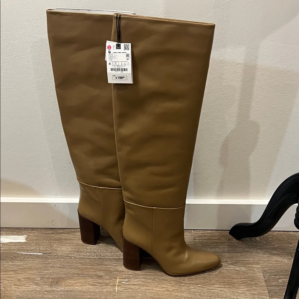 NEW ZARA Leather Knee High Heeled Camel Boots 38 Size 7.5 - Picture 2 of 10